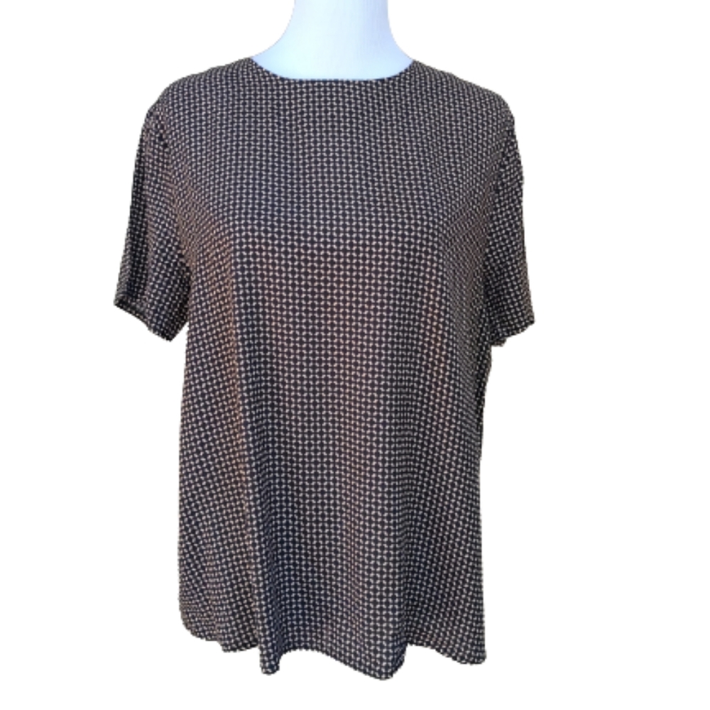fun 2 fun Stitch Fix Geo-Print Blouse Black Tan Keyhole Back Classic